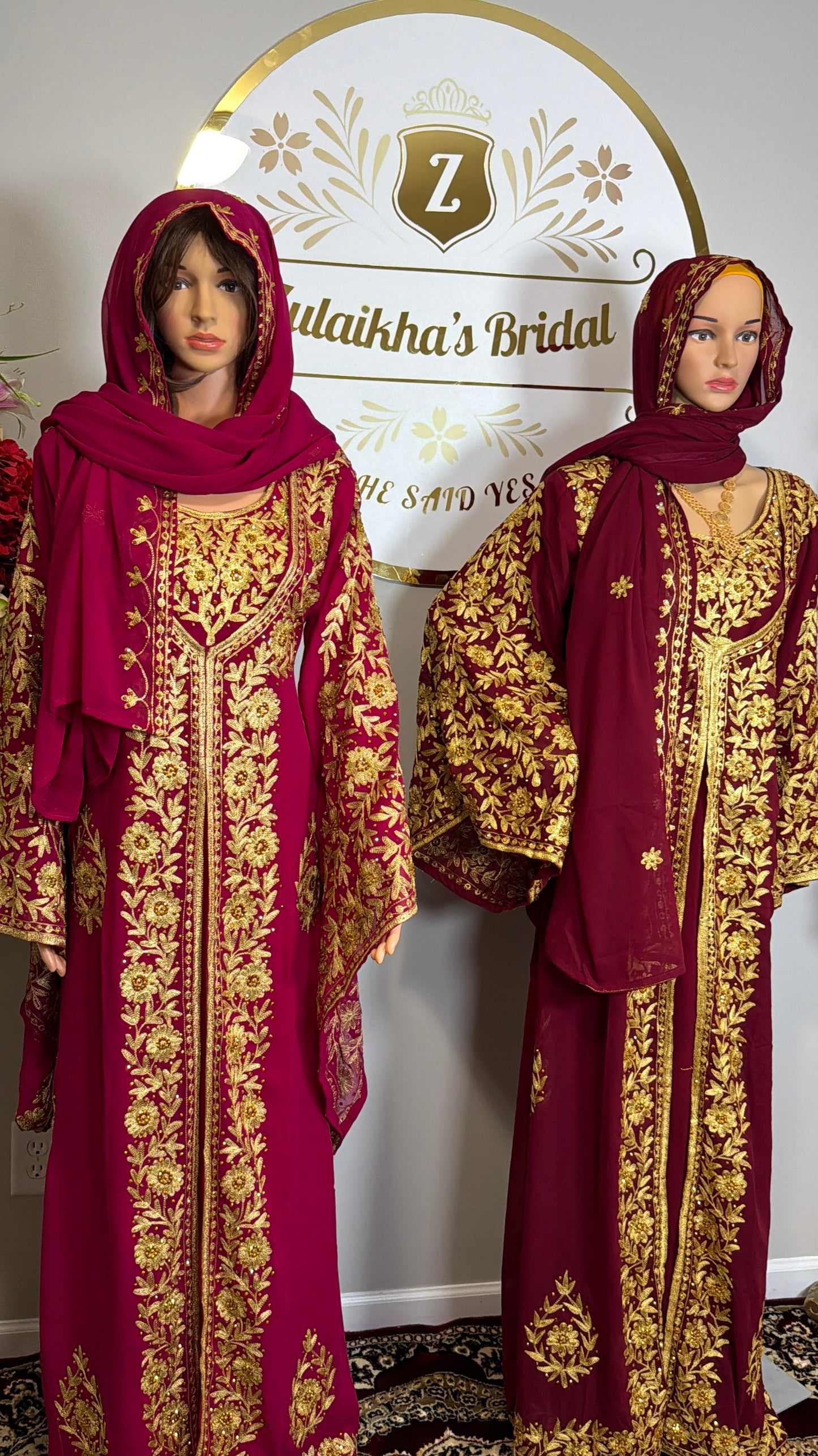 Luxury Embroidered Crystal Kaftan Dress-Dark Pink