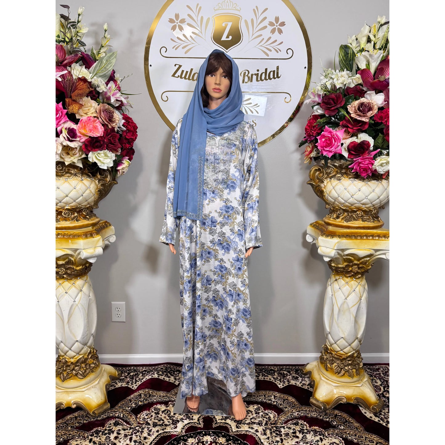 Gray Floral Caftan Dress Mukhawar – UAE Traditional Kaftan