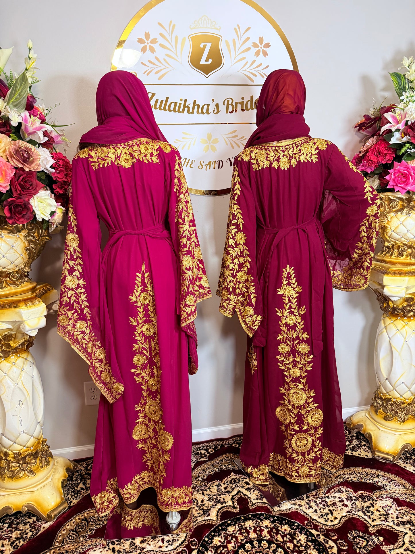 Luxury Embroidered Crystal Kaftan Dress-Maroon