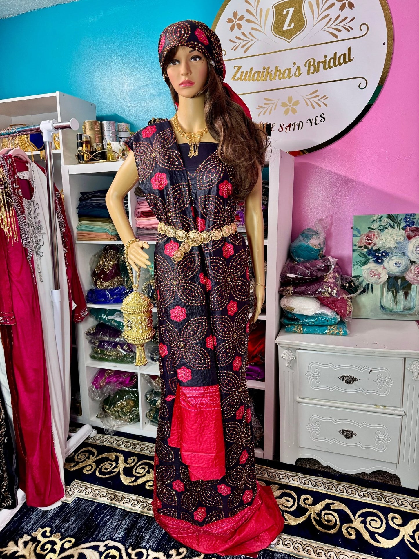 Somali Heritage Crystal Shaash Set - Red & Black - Zulaikha’s Bridal