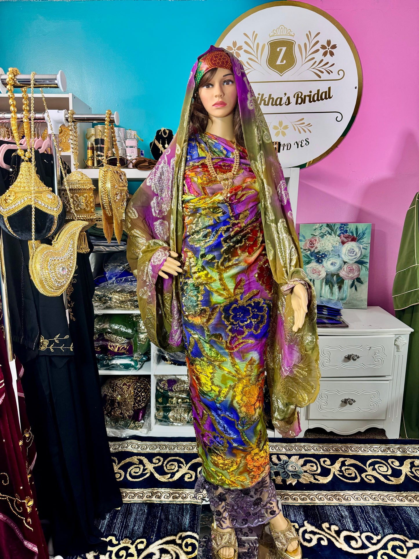 Ruqiya Luxury Velvet Rainbow/Green Maqmal set
