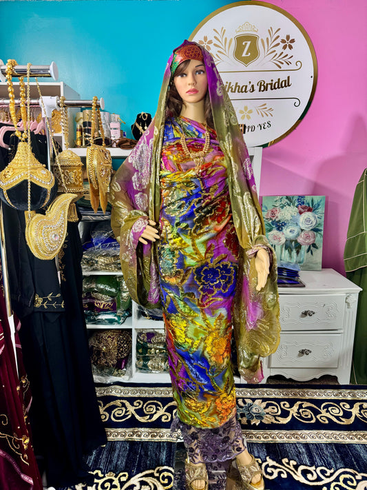 Ruqiya Luxury Velvet Rainbow/Green Maqmal set
