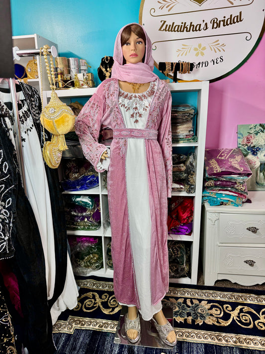 Isra Luxury Crystal Velvet Abaya-Pastel Pink