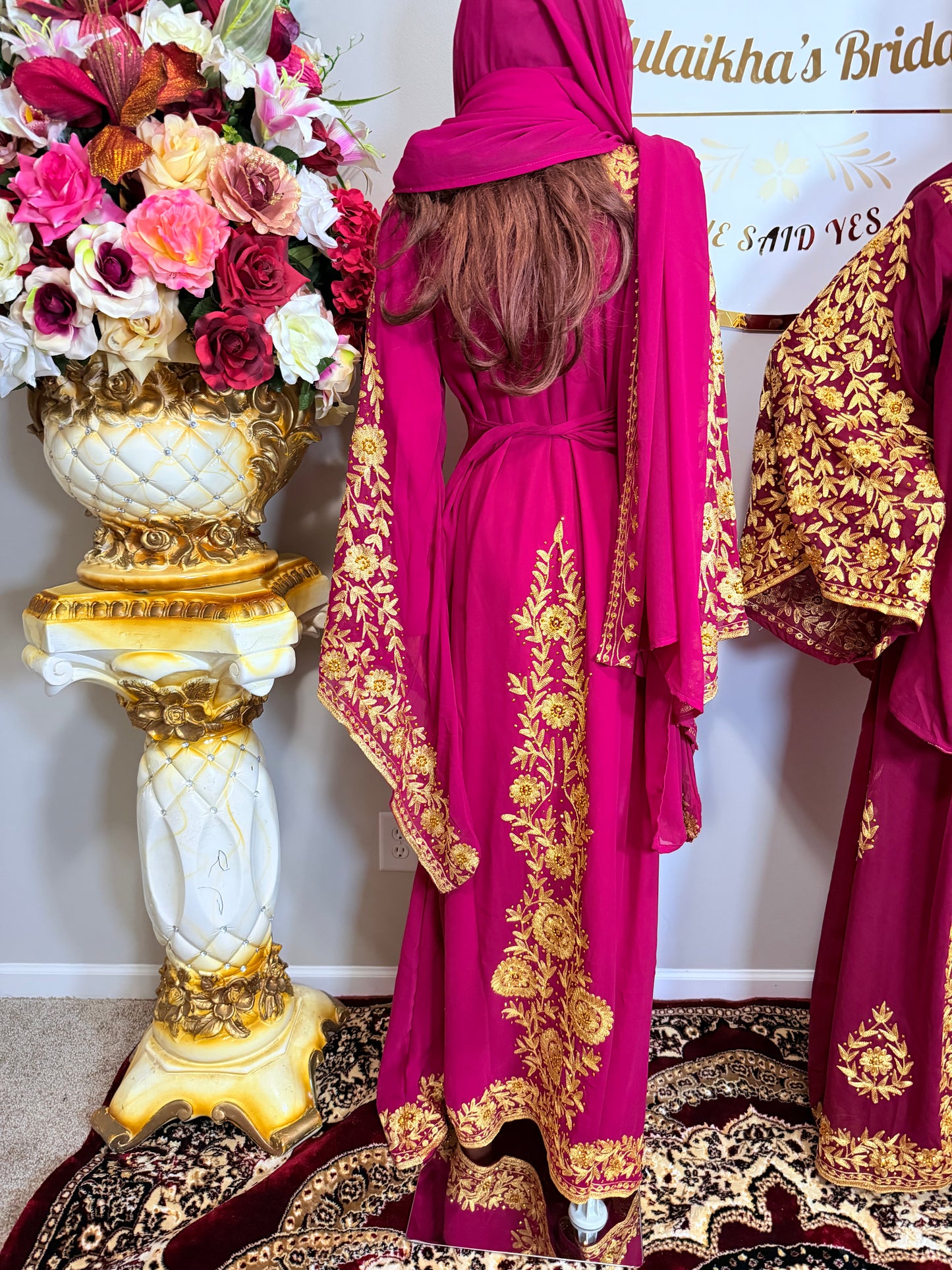 Luxury Embroidered Crystal Kaftan Dress-Dark Pink