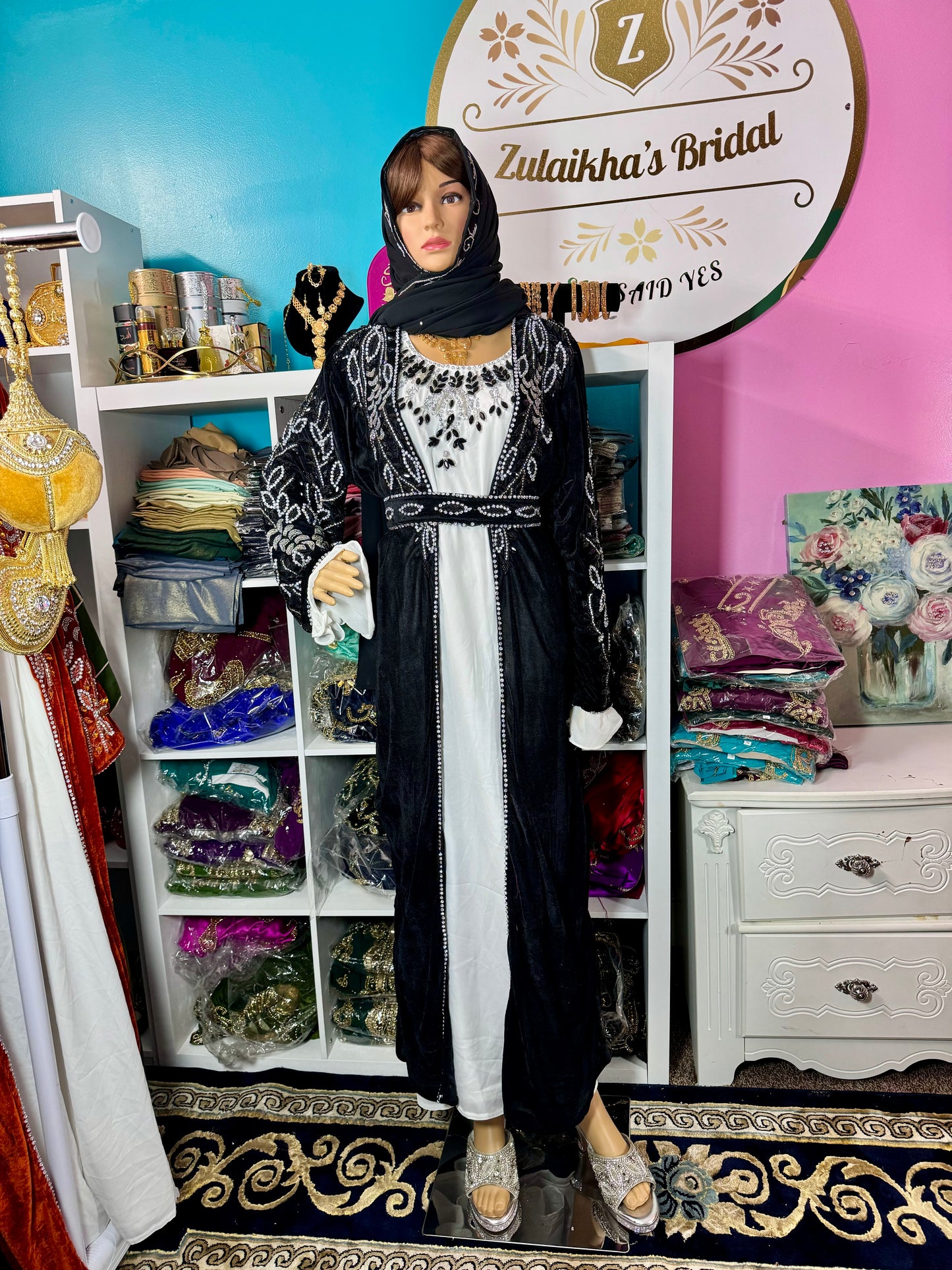 Isra Luxury Crystal Velvet Abaya-Black Silver