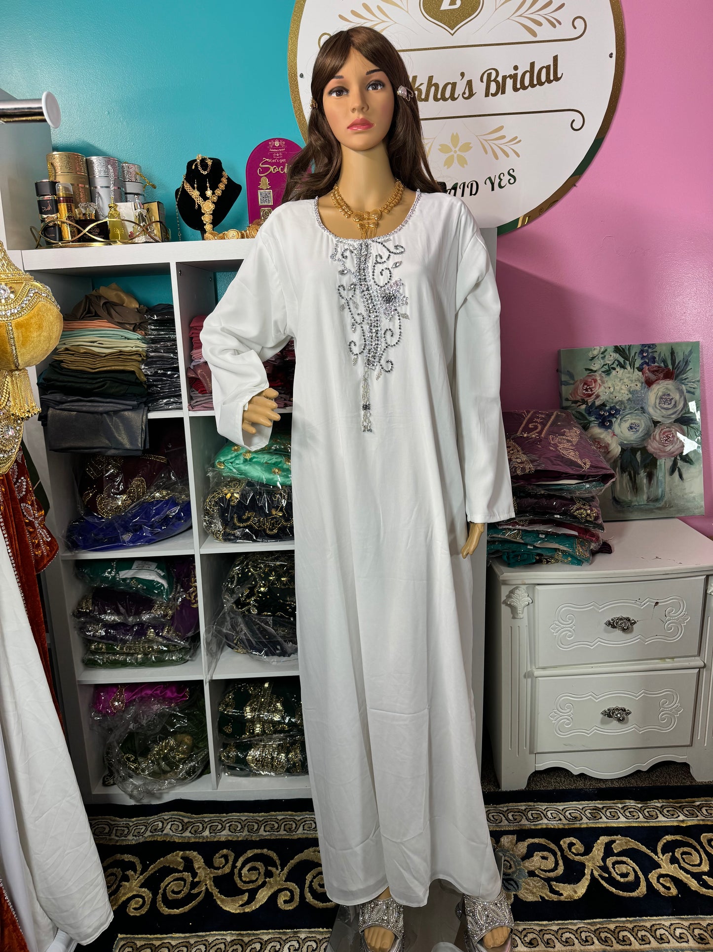 Sara Luxury Crystal Velvet Abaya-Grey Silver