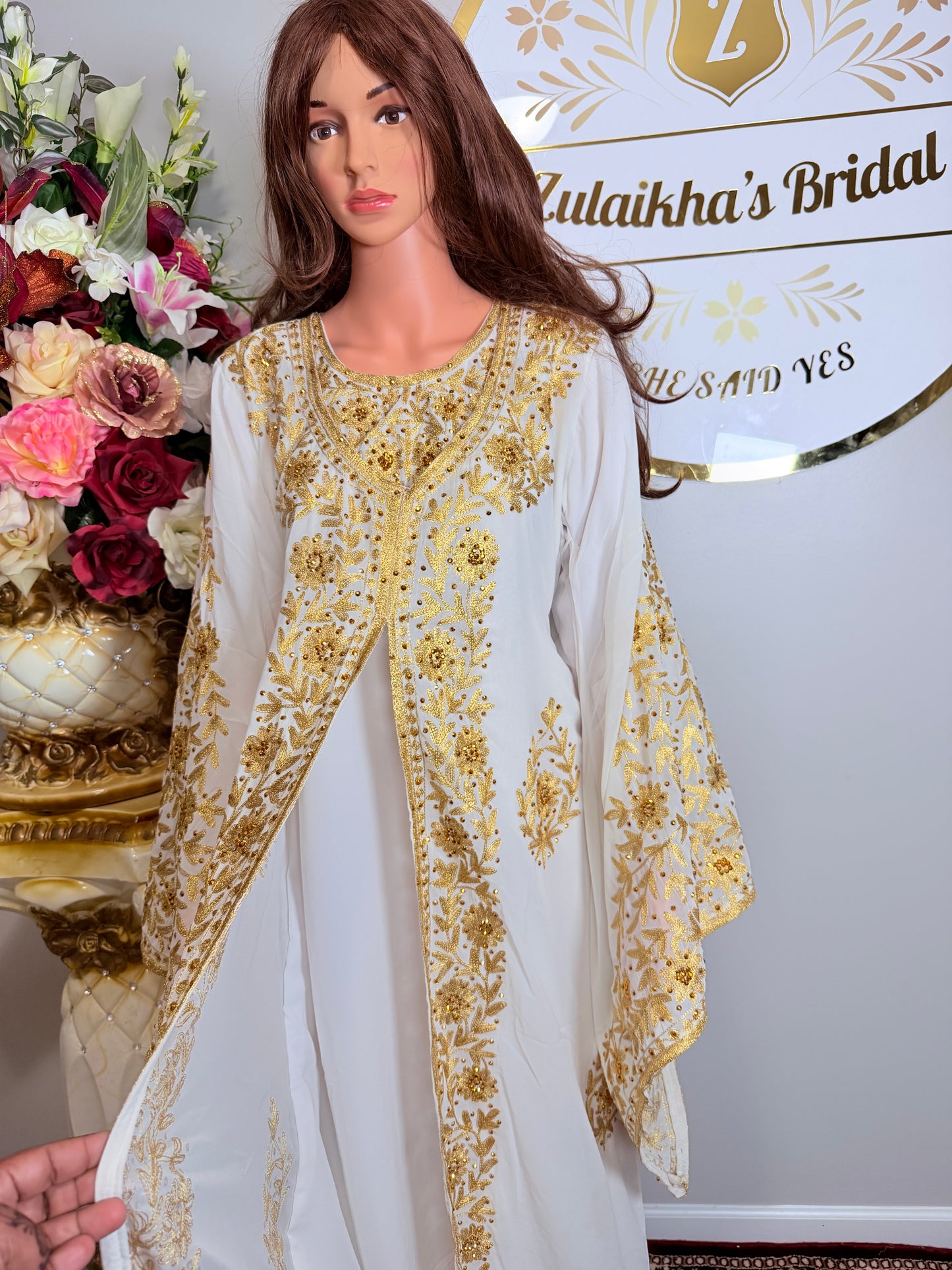 Luxury Embroidered Crystal Kaftan Dress-White