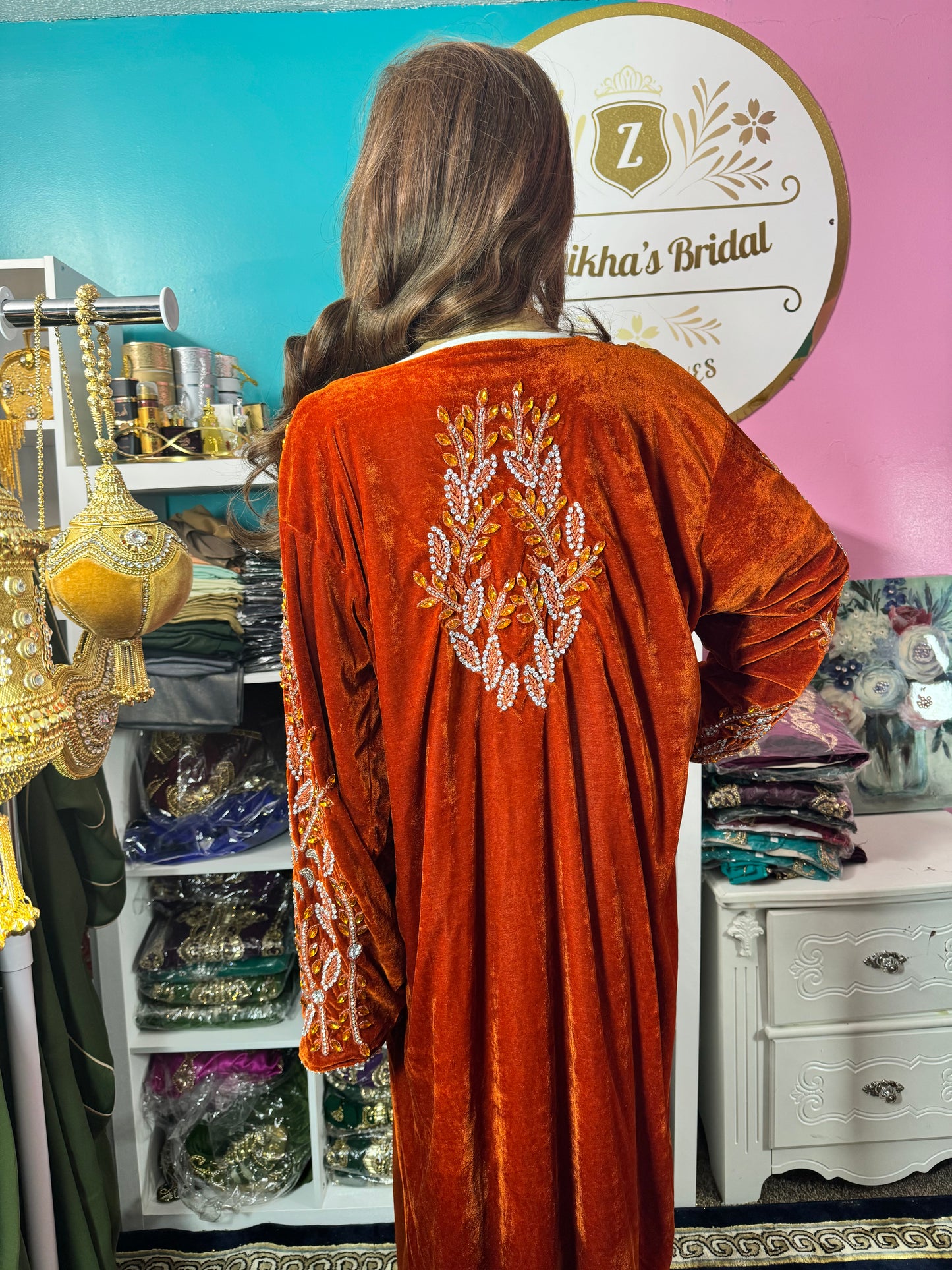 Isra Luxury Crystal Velvet Abaya-Burnt Orange