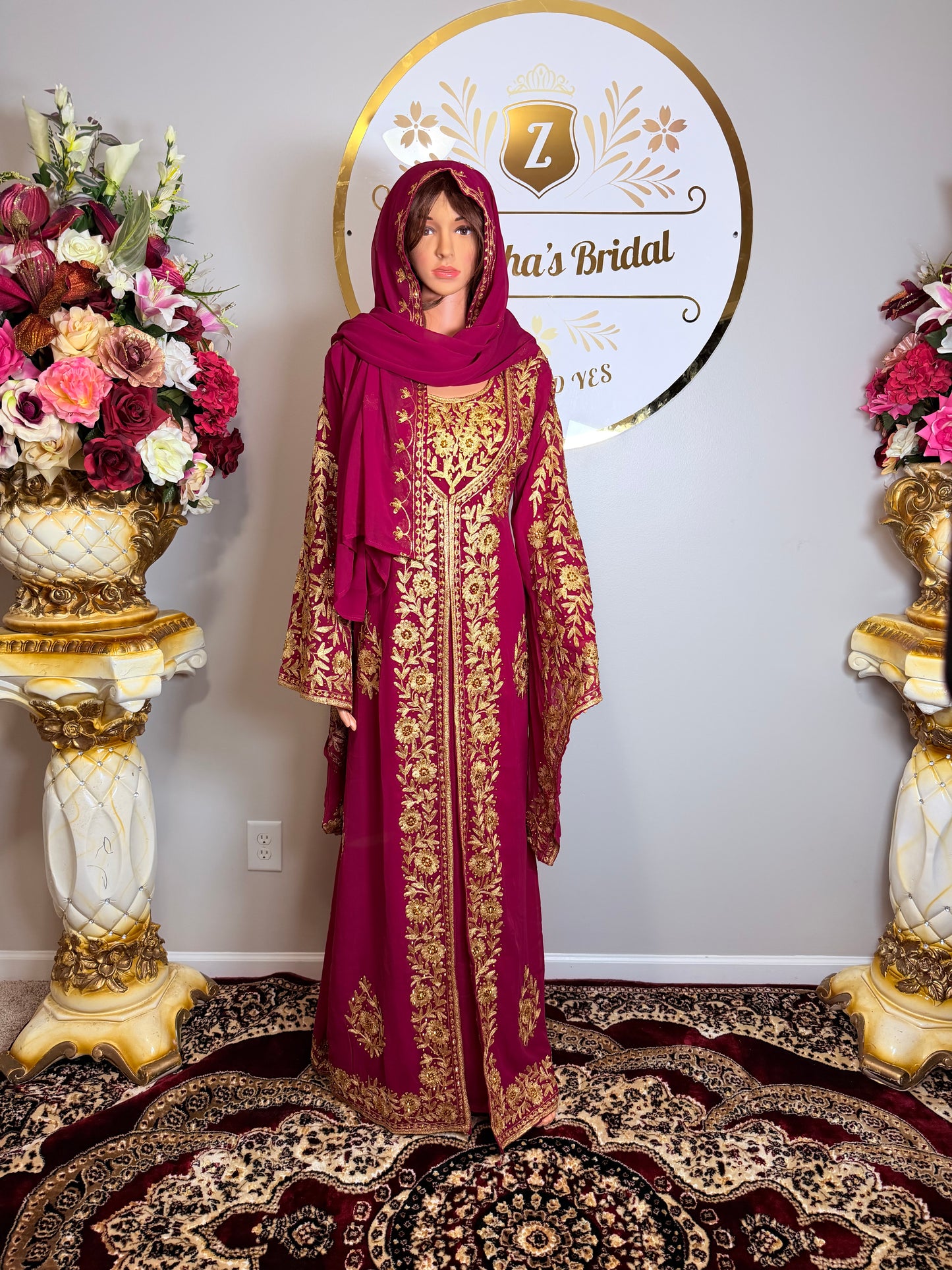 Luxury Embroidered Crystal Kaftan Dress-Dark Pink