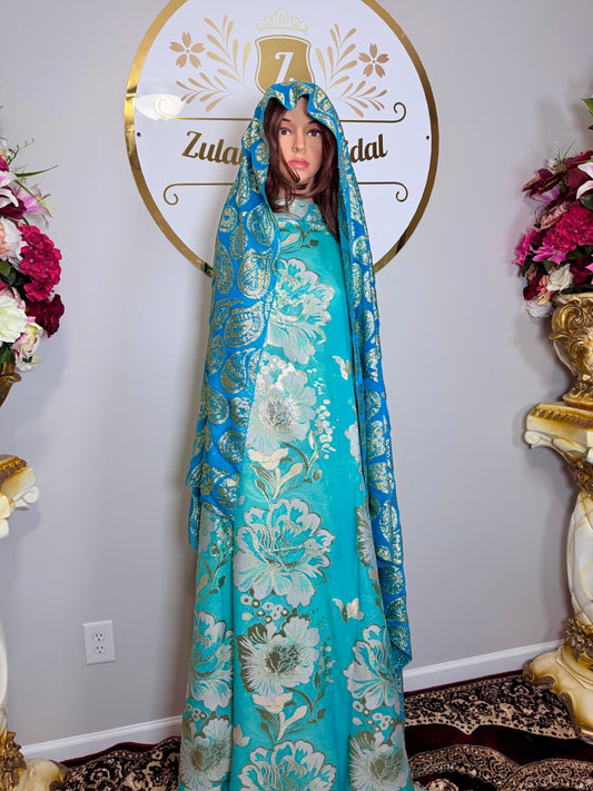 High Premium Metallic Silk French Fransawi Dirac Set-Teal Blue