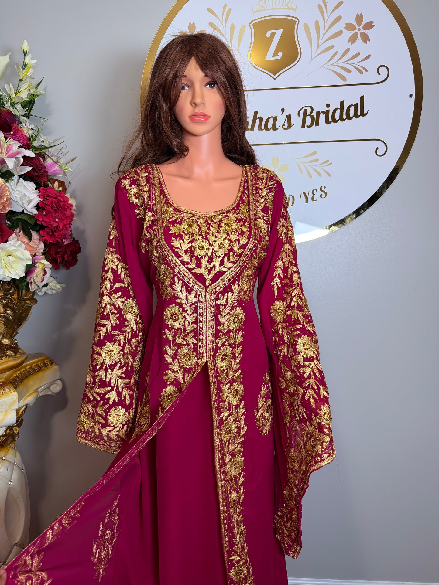 Luxury Embroidered Crystal Kaftan Dress-Dark Pink