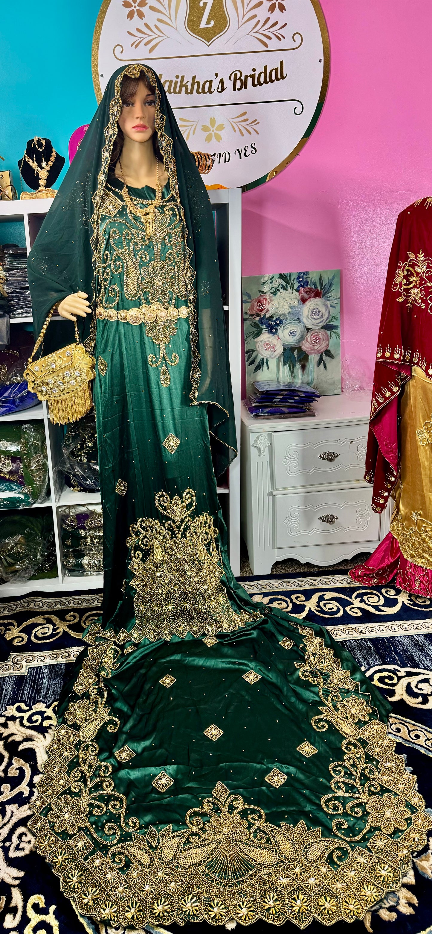 Satin Rida Bridal Dirac set-Dark Green