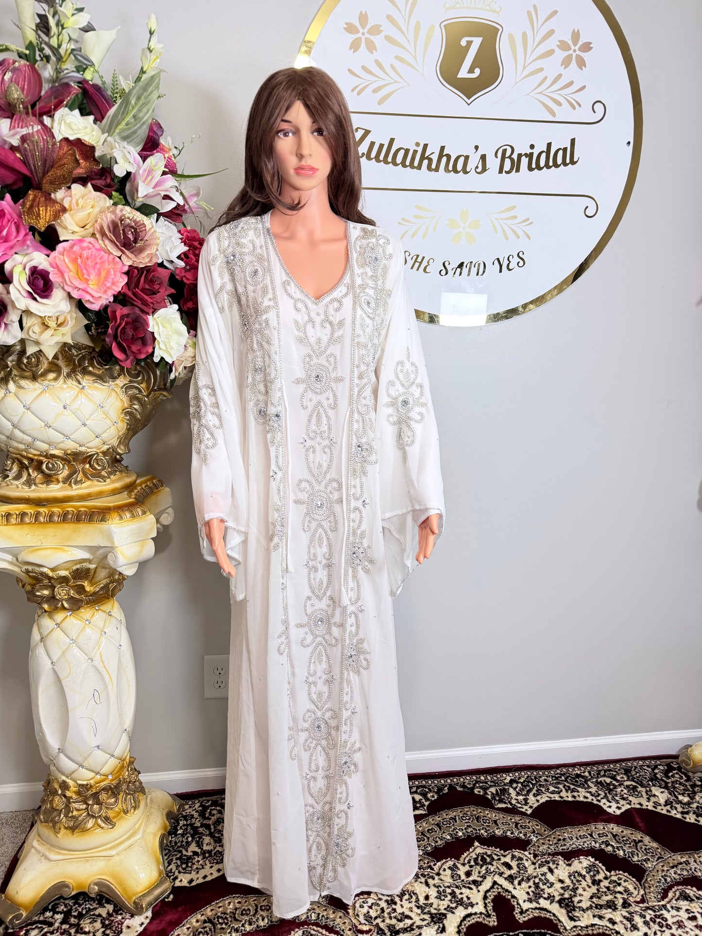 Luxury Moroccan Dubai Crystal Kaftan-White Silver