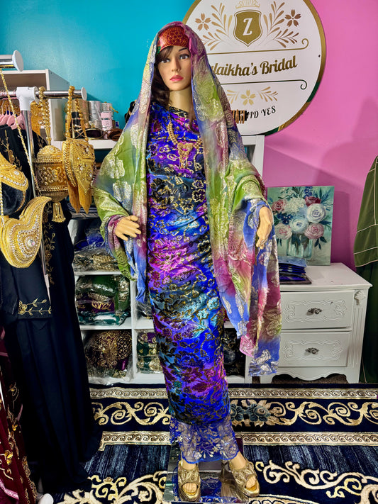Hania Luxury Velvet Royal blue/ Olive Maqmal set