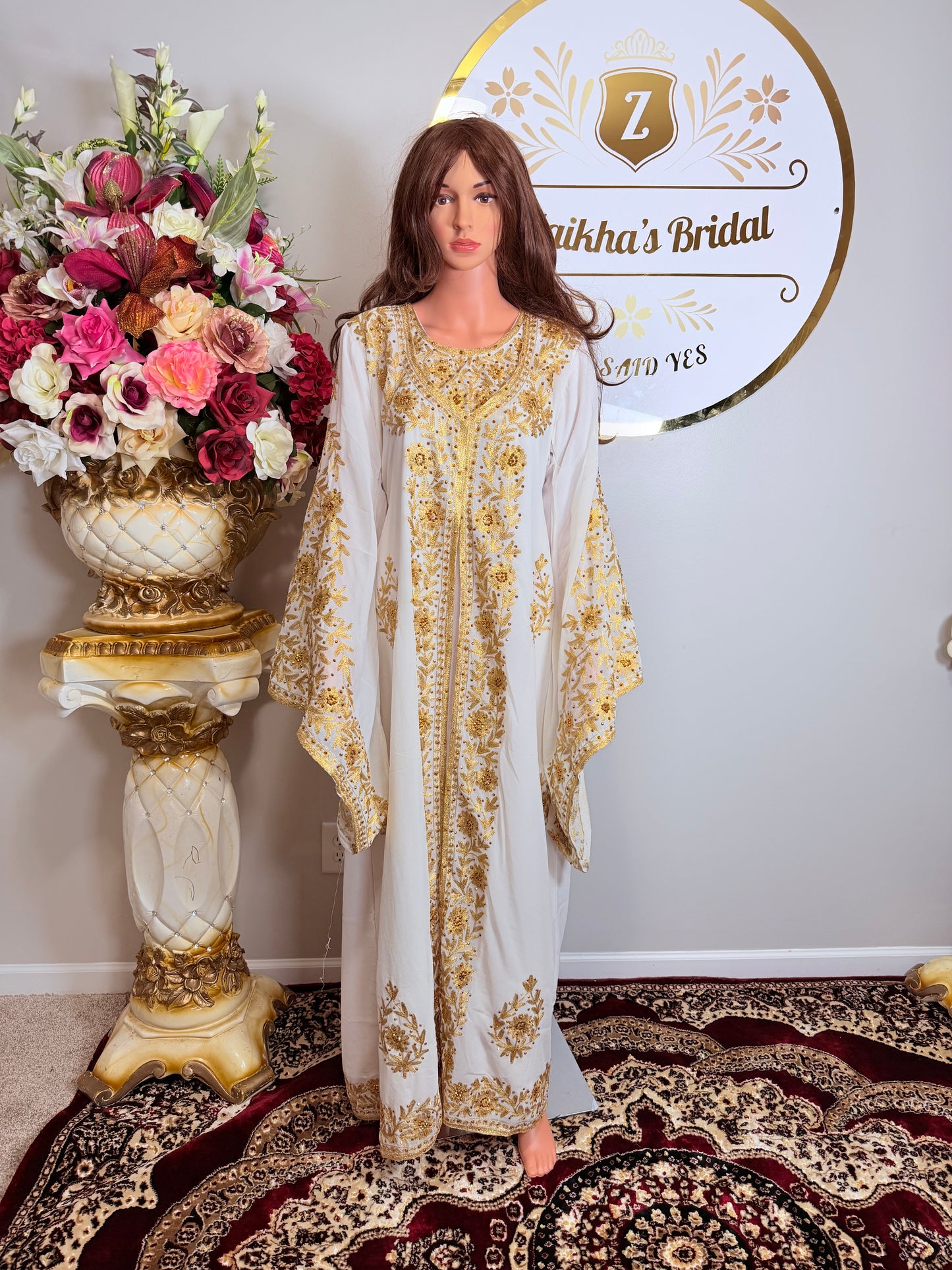 Luxury Embroidered Crystal Kaftan Dress-White