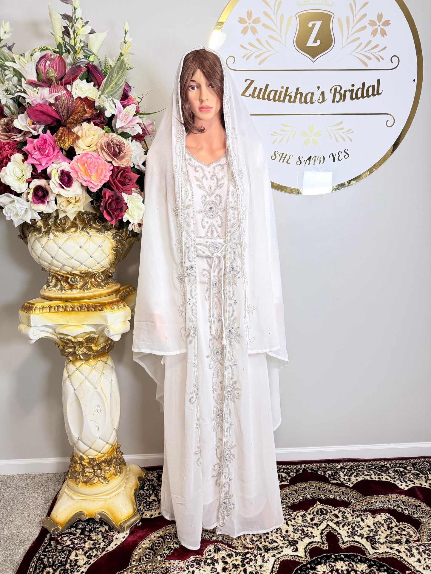 Luxury Moroccan Dubai Crystal Kaftan-White Silver