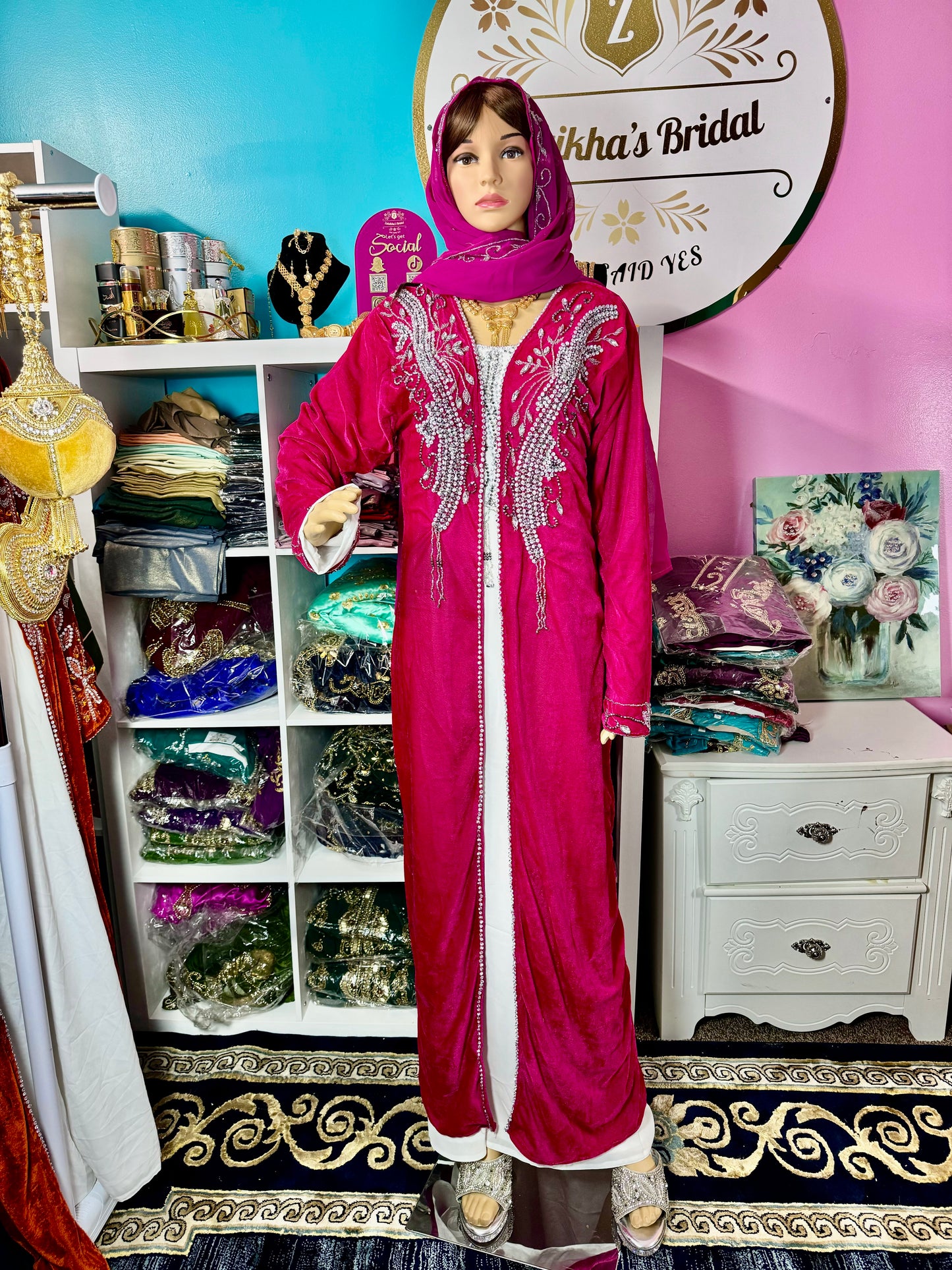 Sara Luxury Crystal Velvet Abaya-Hot Pink