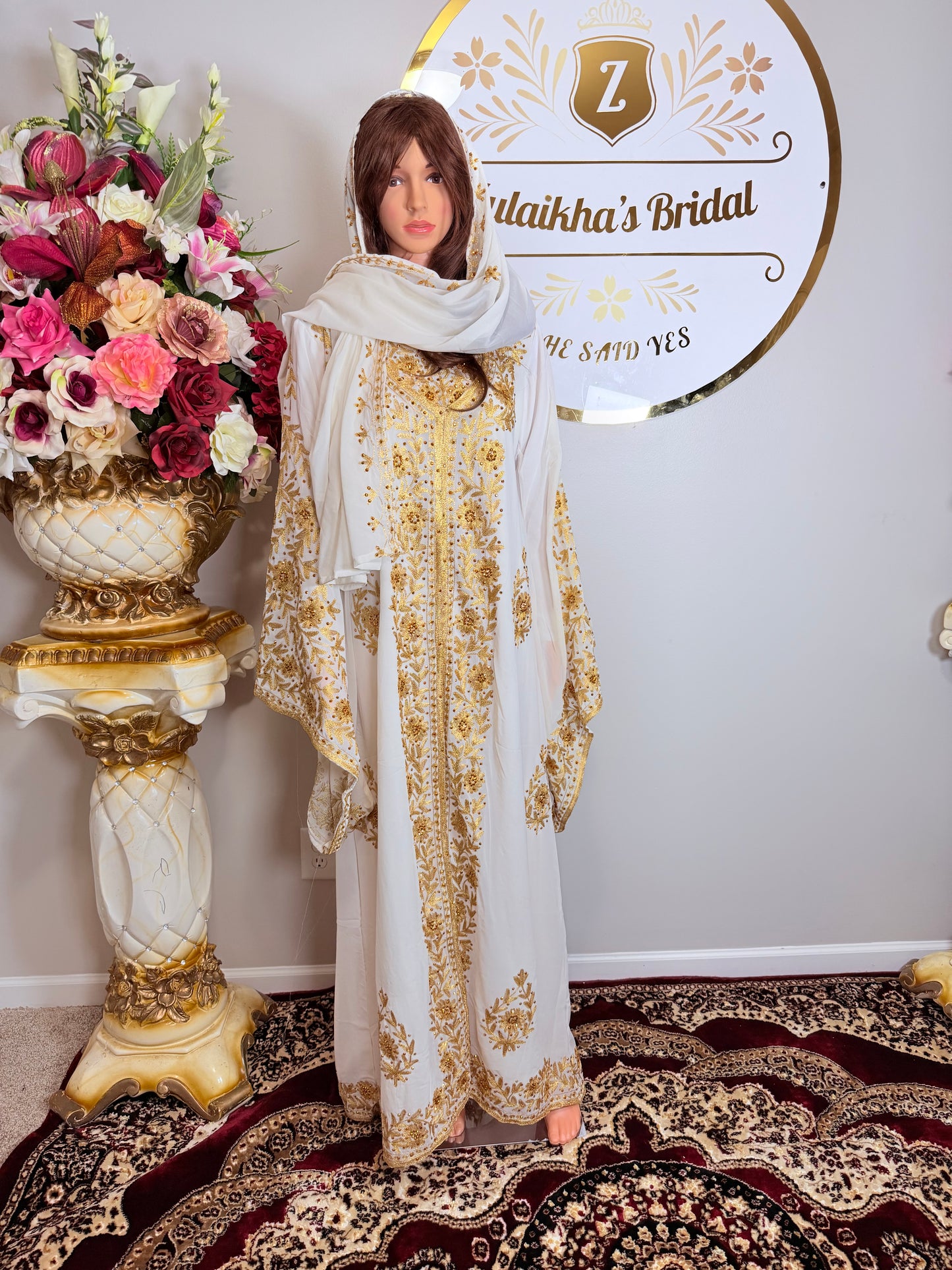 Luxury Embroidered Crystal Kaftan Dress-White