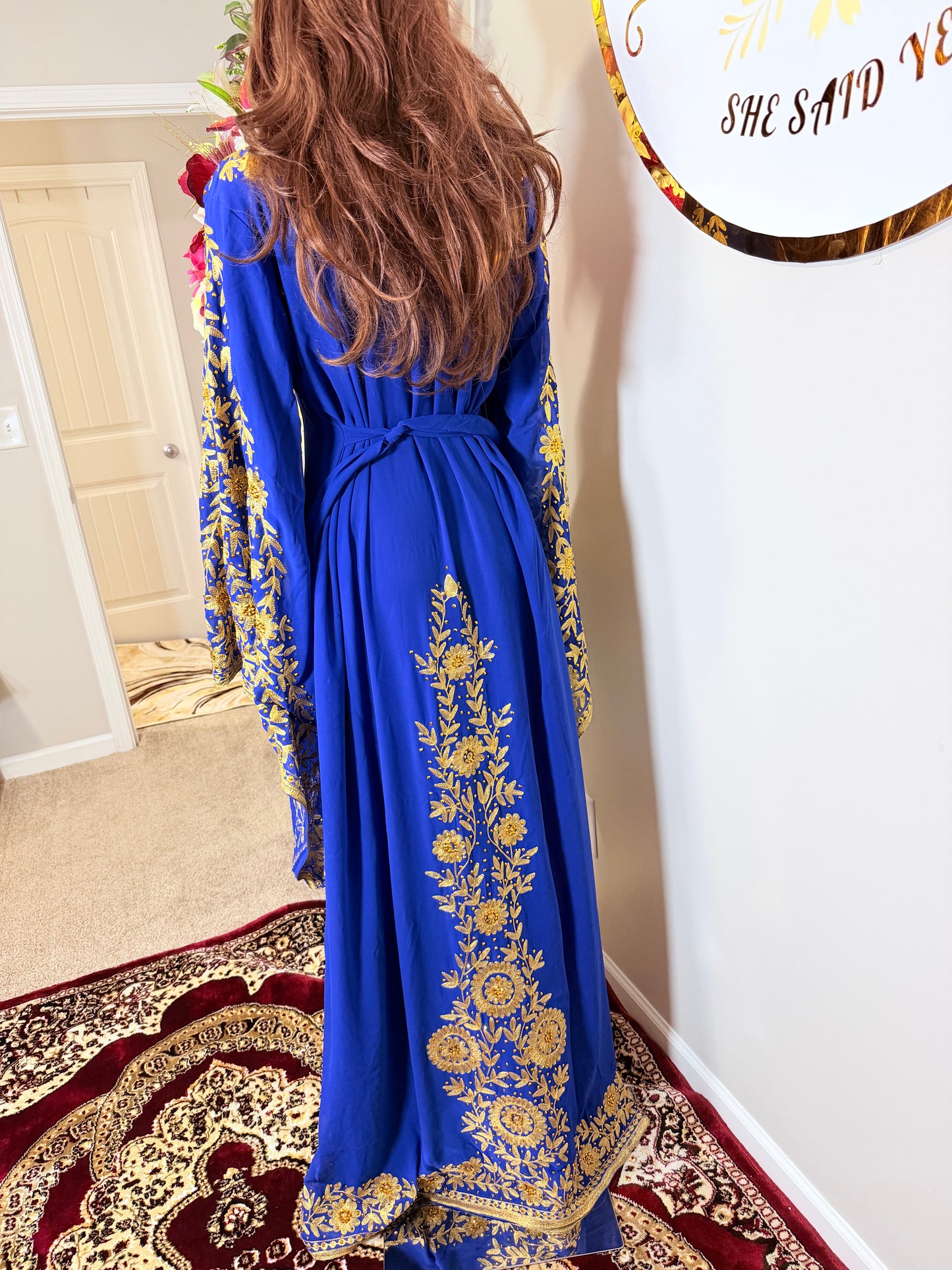 Luxury Embroidered Crystal Kaftan Dress-Royal Blue