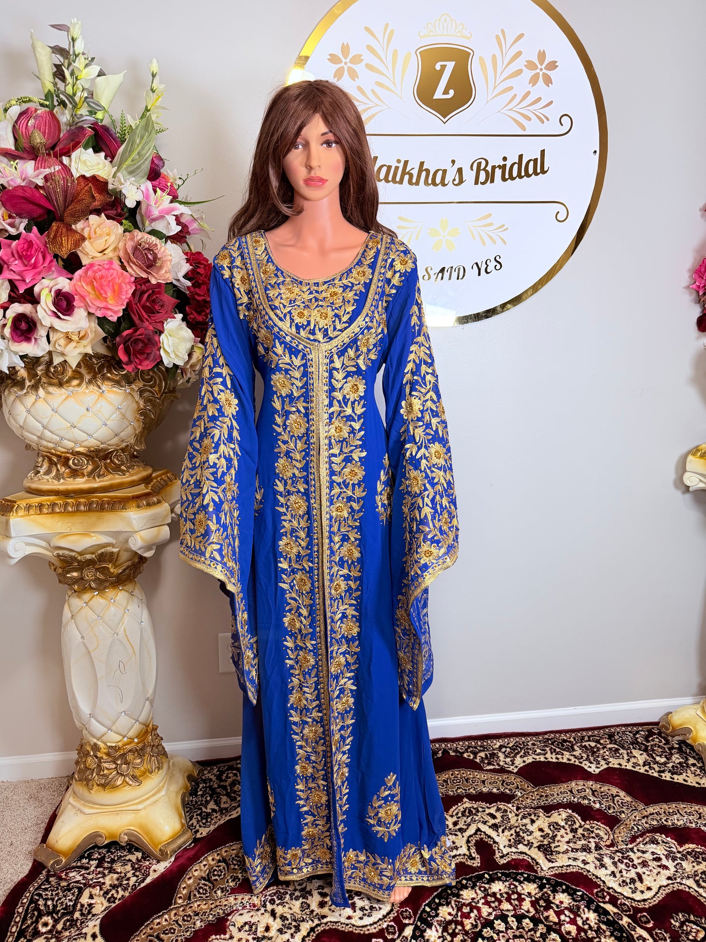 Luxury Embroidered Crystal Kaftan Dress-Royal Blue
