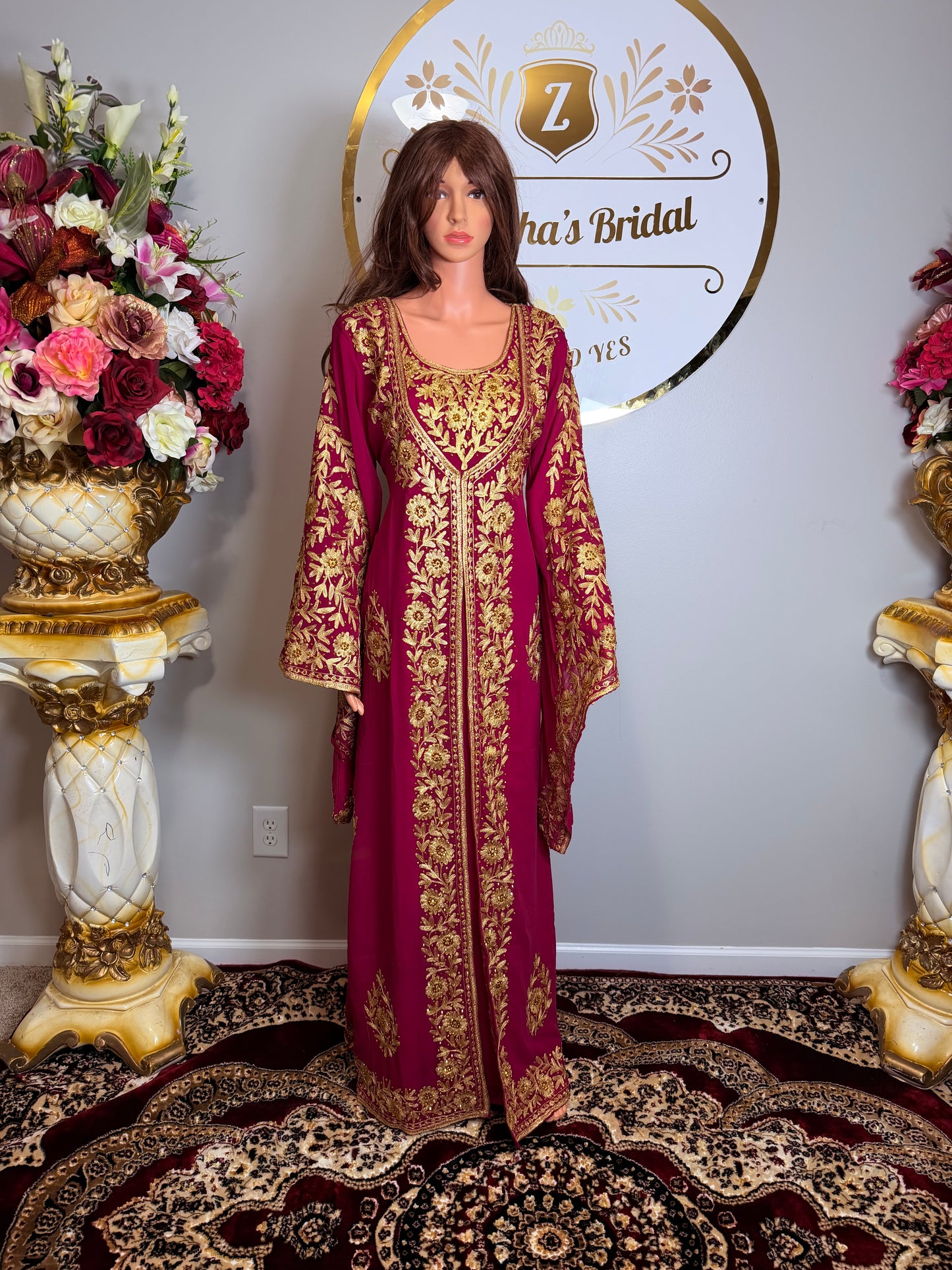 Luxury Embroidered Crystal Kaftan Dress-Dark Pink