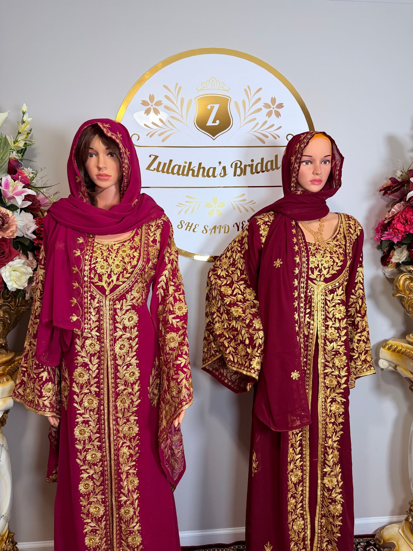 Luxury Embroidered Crystal Kaftan Dress-Dark Pink