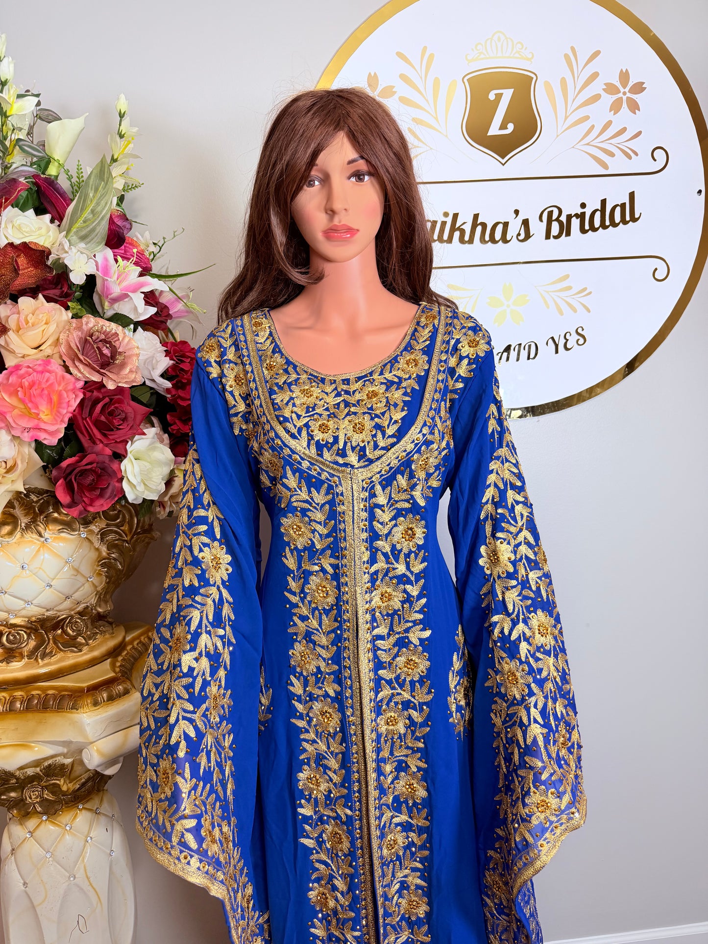 Luxury Embroidered Crystal Kaftan Dress-Royal Blue