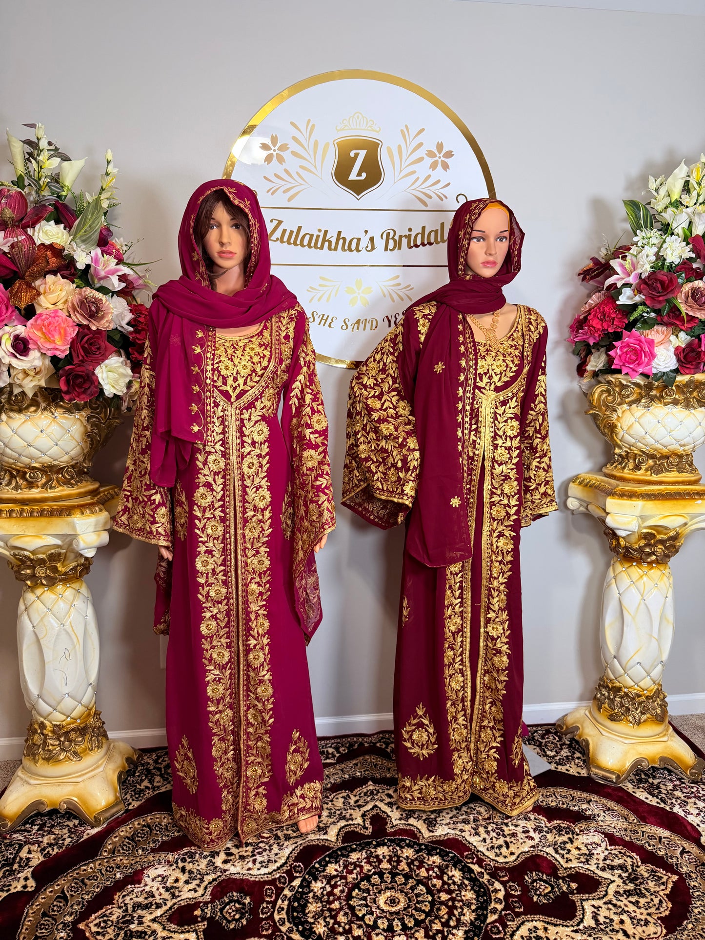 Luxury Embroidered Crystal Kaftan Dress-Dark Pink