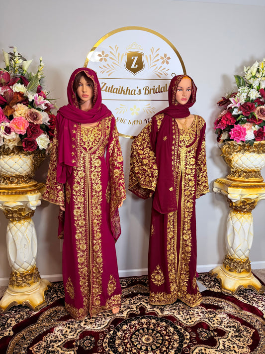 Luxury Embroidered Crystal Kaftan Dress-Dark Pink