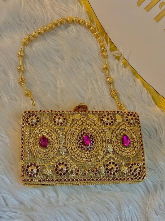 Gold-Pink Rhinestone Bridal Clutch Bag