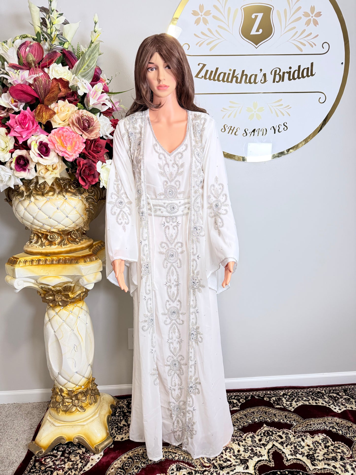 Luxury Moroccan Dubai Crystal Kaftan-White Silver