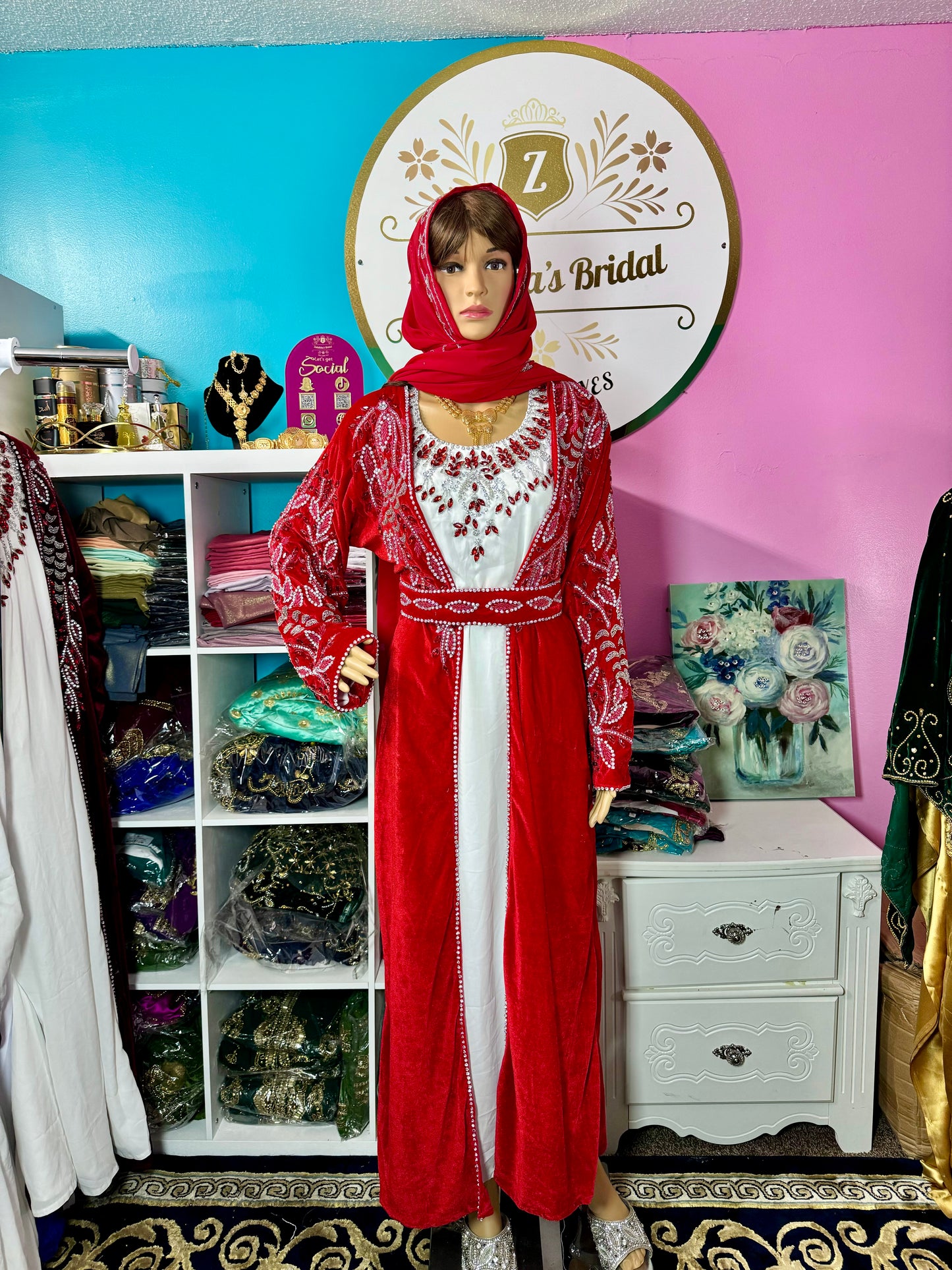 Isra Luxury Crystal Velvet Abaya-Red