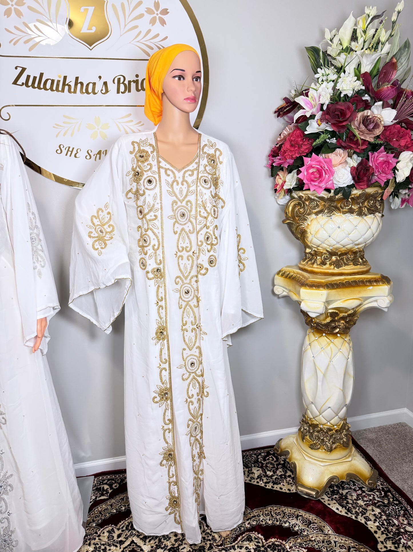 Luxury Moroccan Dubai Crystal Kaftan-White Gold