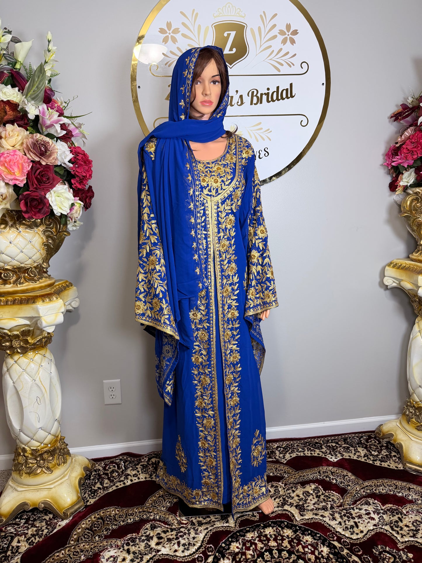 Luxury Embroidered Crystal Kaftan Dress-Royal Blue