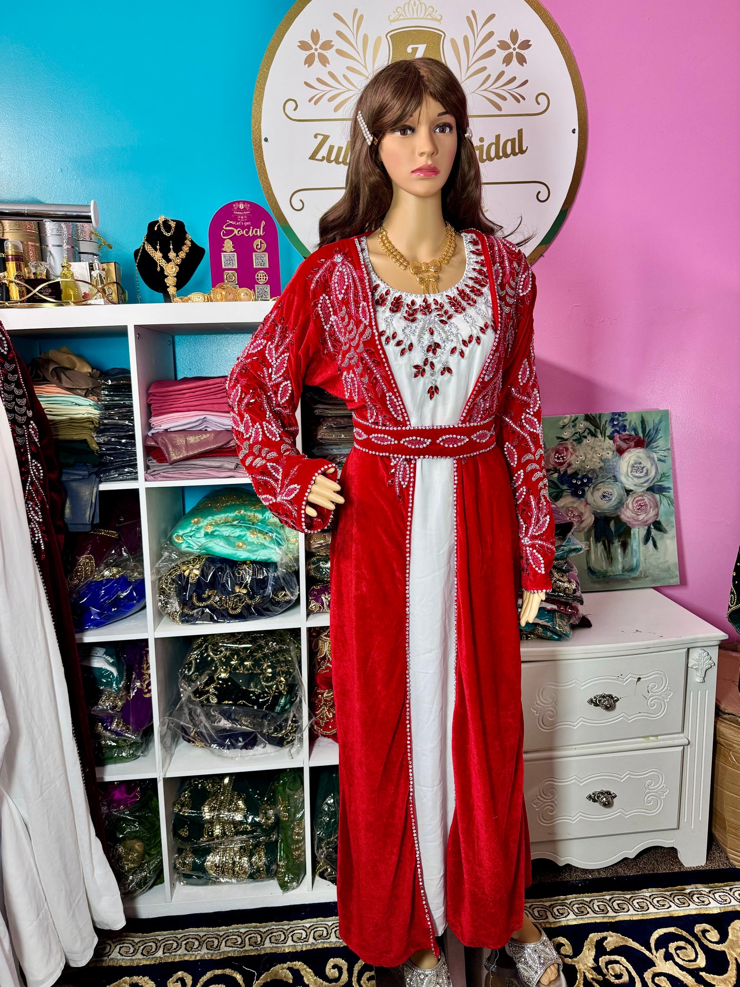 Isra Luxury Crystal Velvet Abaya-Red