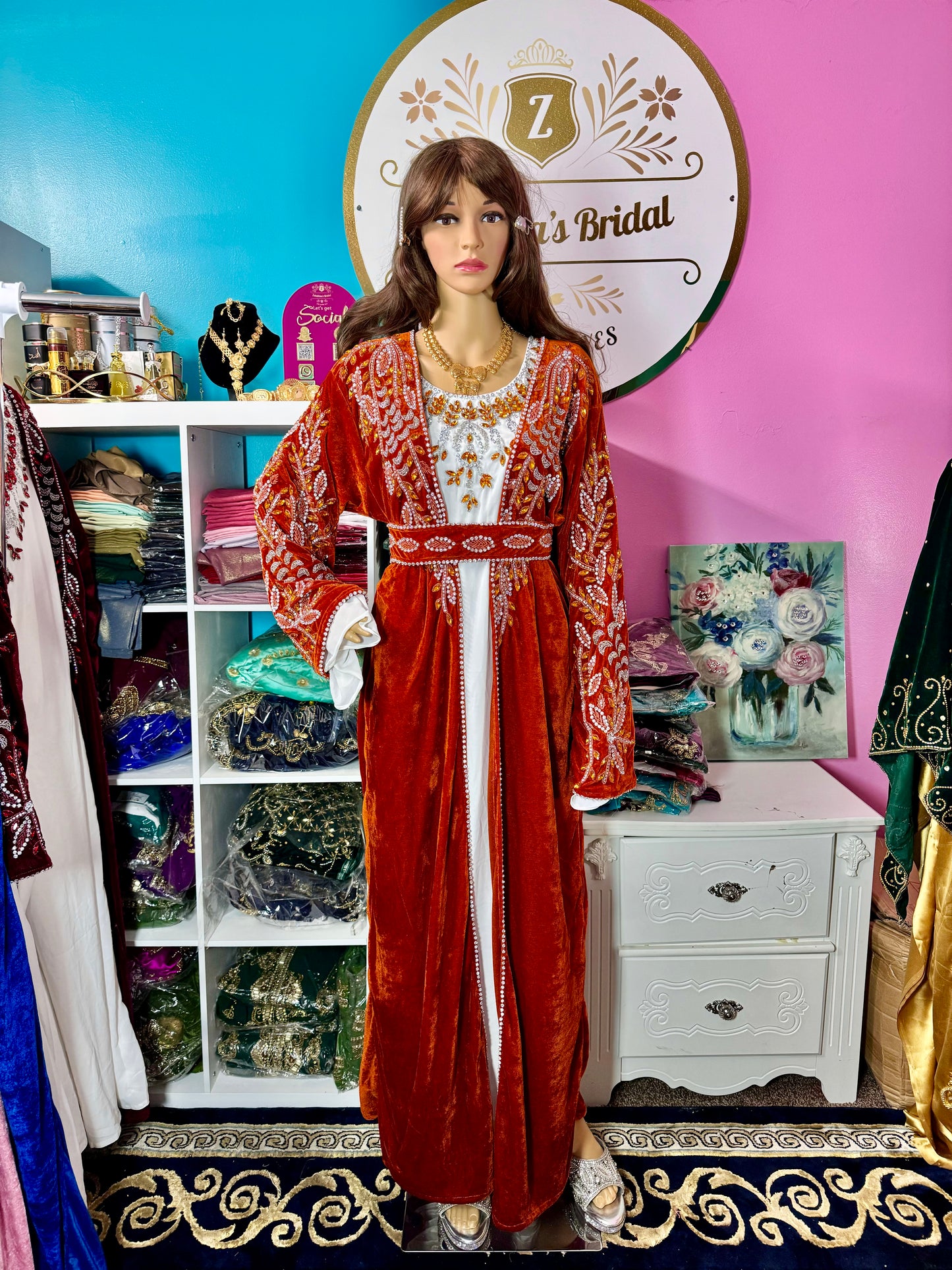 Isra Luxury Crystal Velvet Abaya-Burnt Orange/Orange Scarf