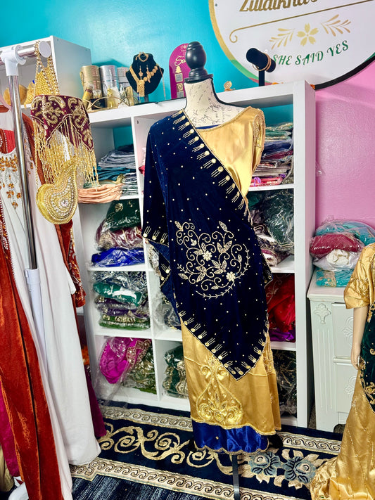 Navy GoldLuxury Somali Stone Bridesmaids (Malhiis) Dirac Set – Elegant Traditional Somali Wedding Dress