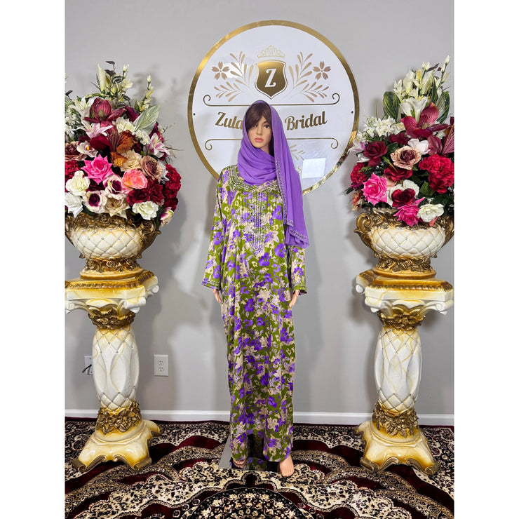 Floral Embroidered Stonework Dress Kaftan Mukhawar-Purple