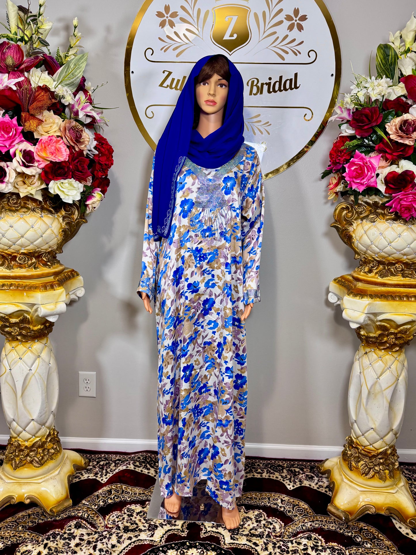 Royal Blue Floral Caftan Dress Mukhawar – UAE Traditional Kaftan