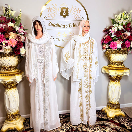Luxury Moroccan Dubai Crystal Kaftan-White Silver