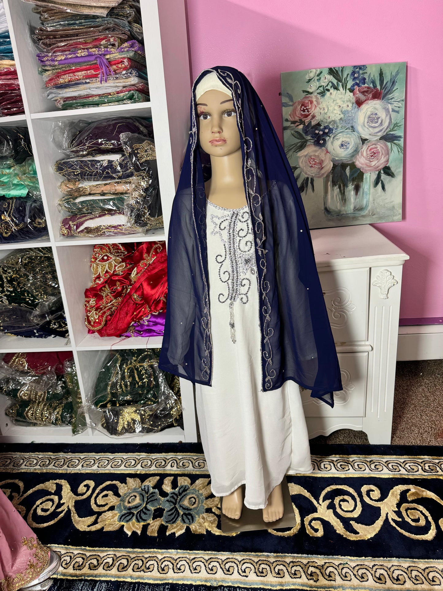 Sara Luxury Crystal Chiffon Abaya-Navy