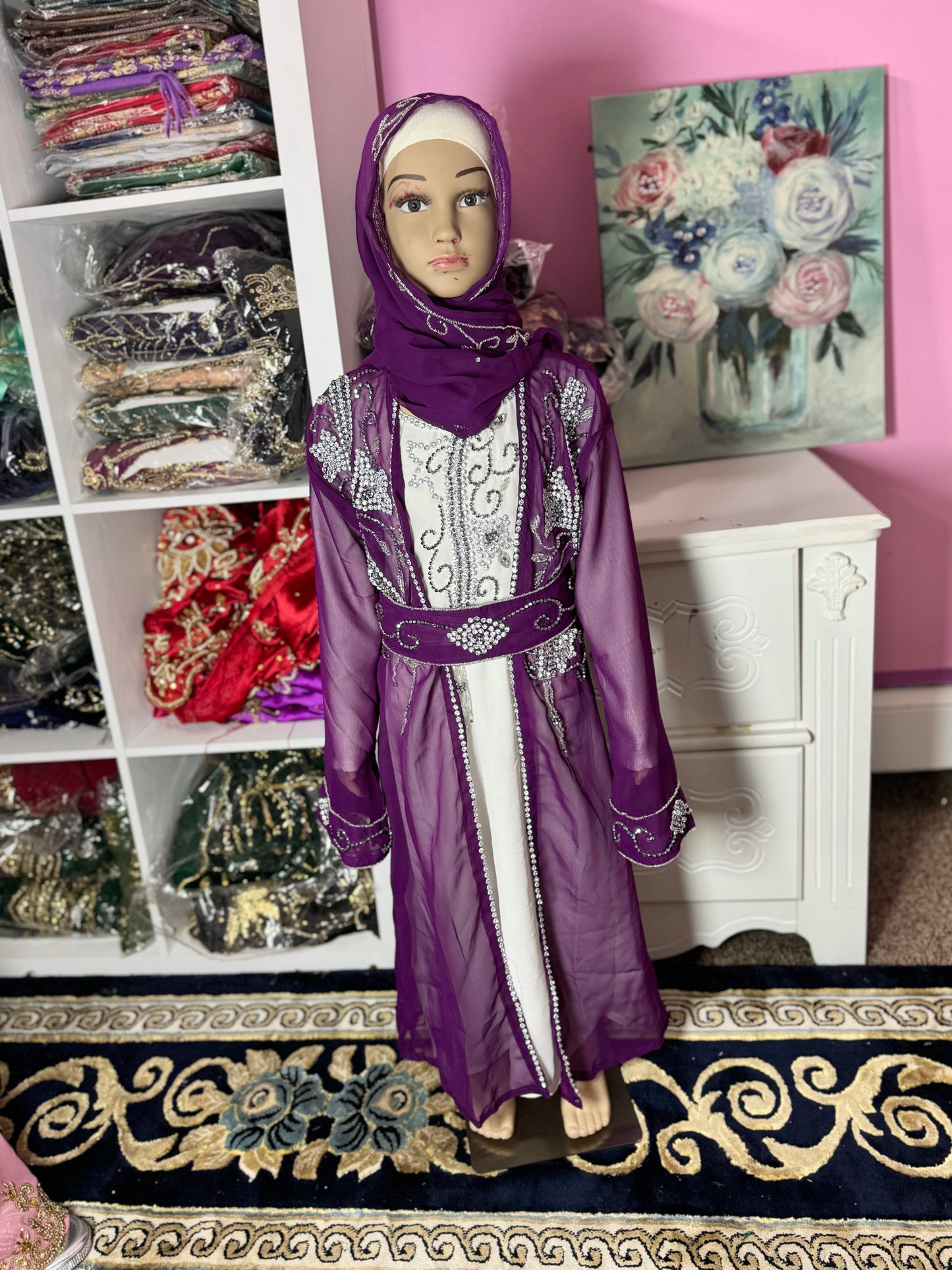 Sara Luxury Crystal Chiffon Abaya-Purple