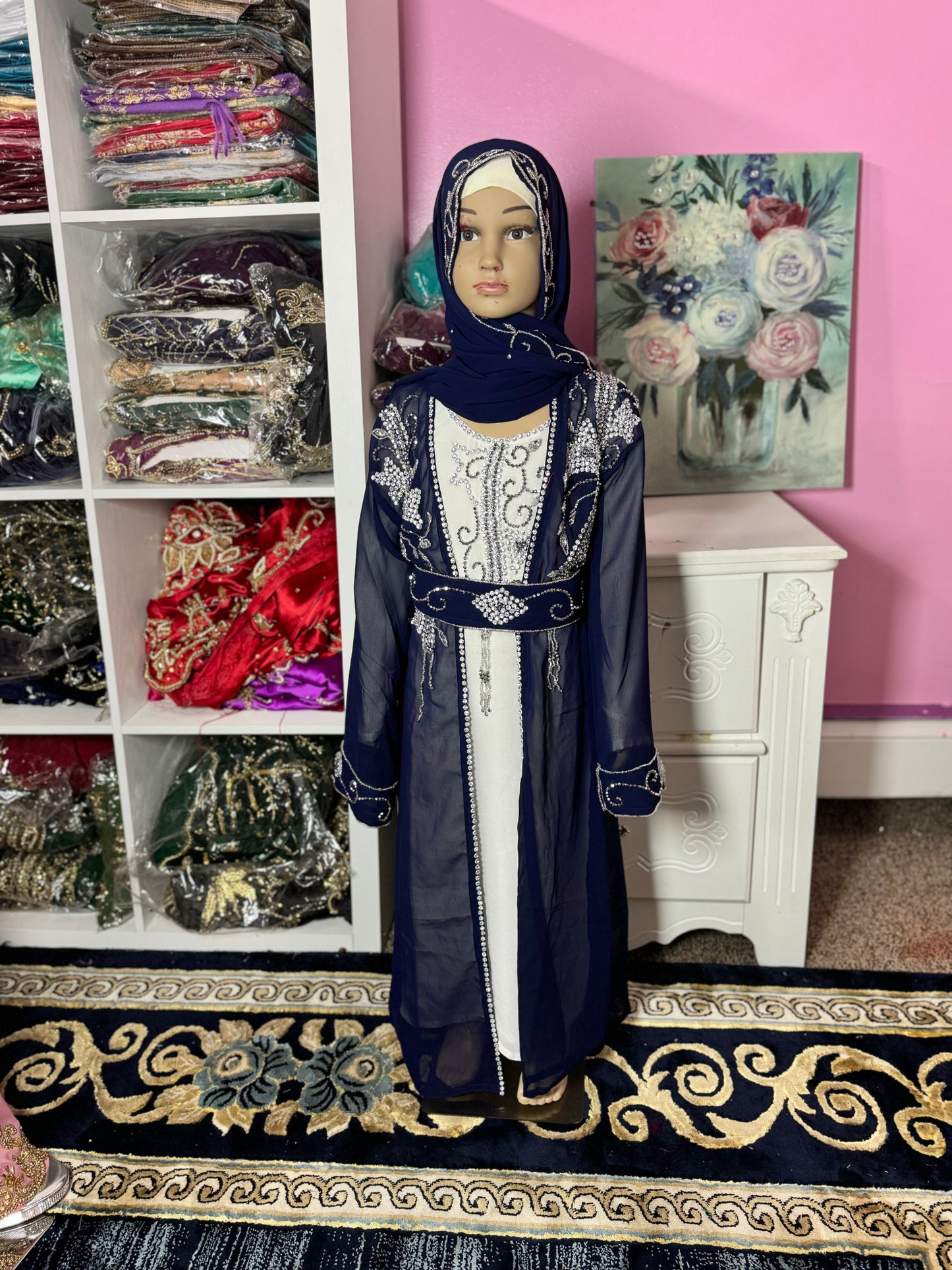 Sara Luxury Crystal Chiffon Abaya-Navy