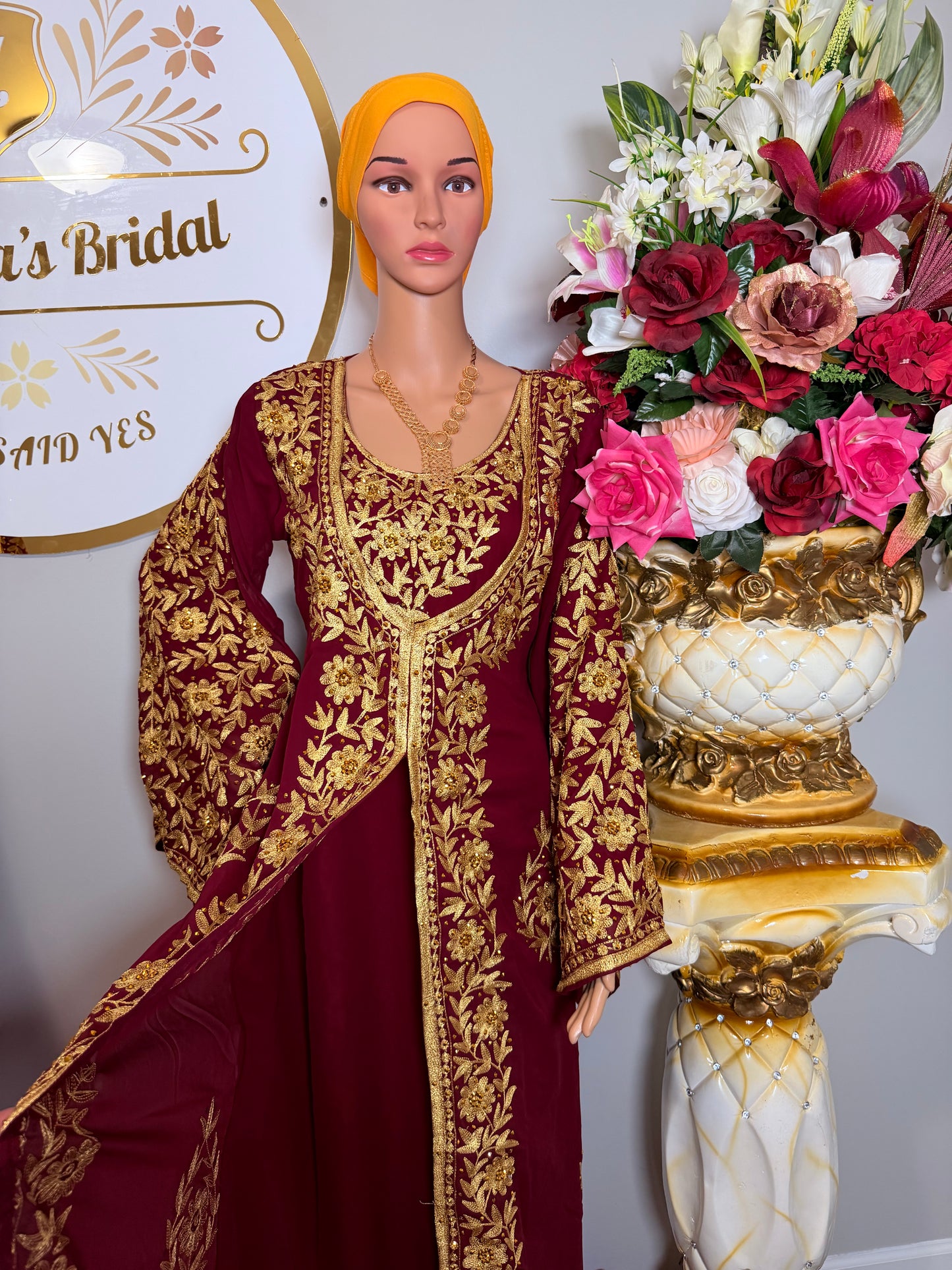 Luxury Embroidered Crystal Kaftan Dress-Maroon