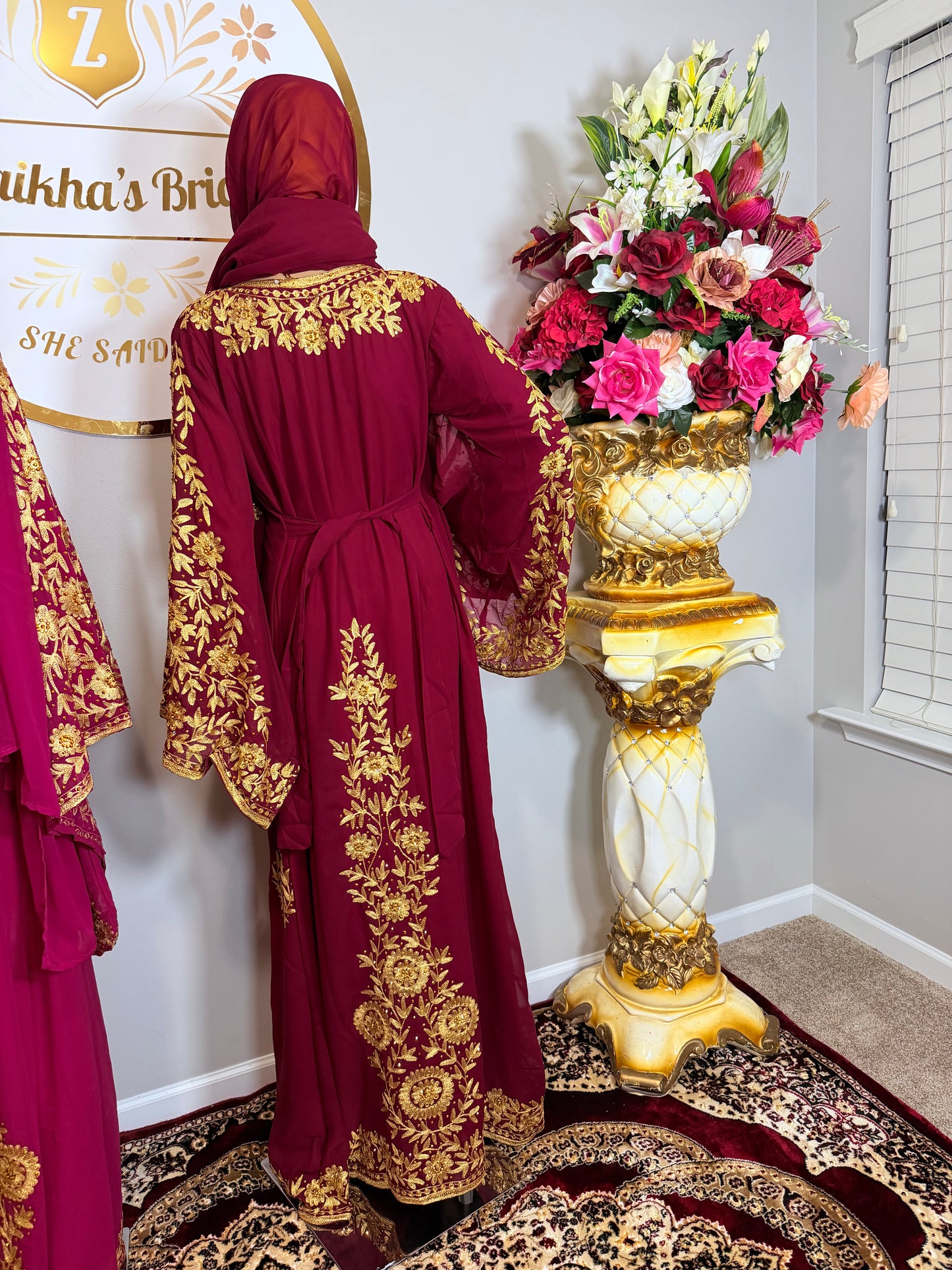 Luxury Embroidered Crystal Kaftan Dress-Maroon