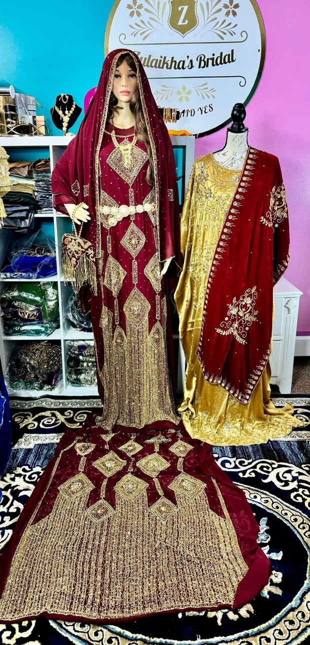 Amna Somali Bridal Dirac Set Chiffon - Maroon - Zulaikha’s Bridal