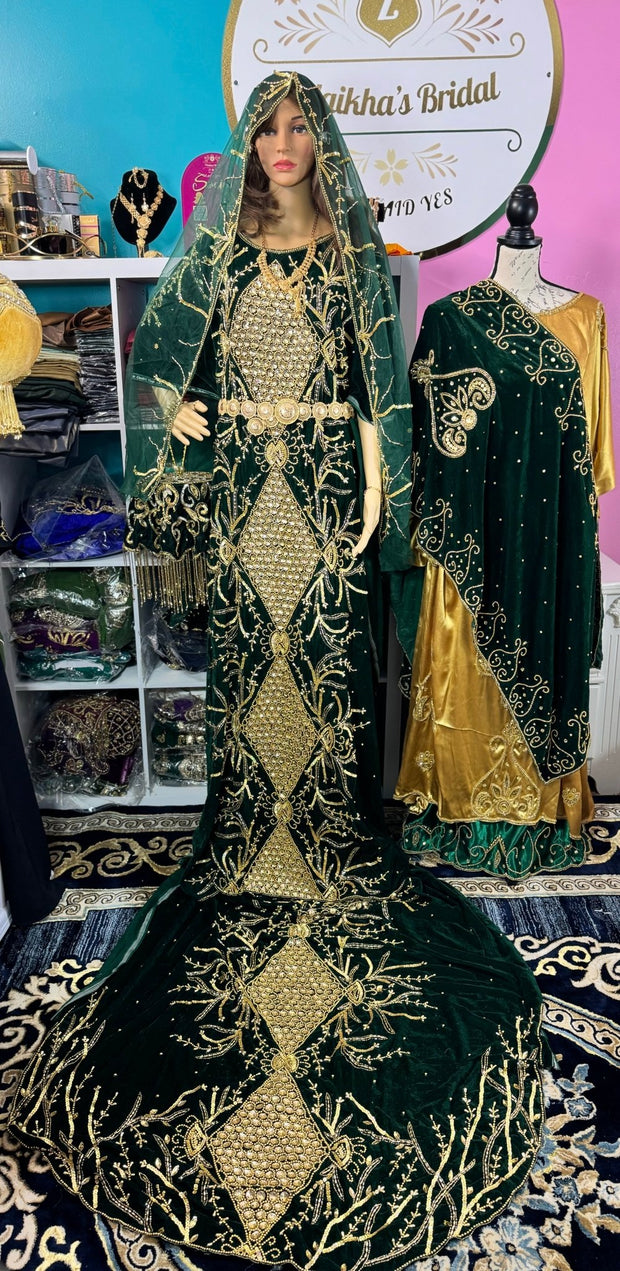 Asra Somali Bridal Dirac Set Velvet - Green - Zulaikha’s Bridal