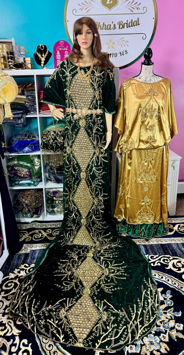Asra Somali Bridal Dirac Set Velvet - Green - Zulaikha’s Bridal