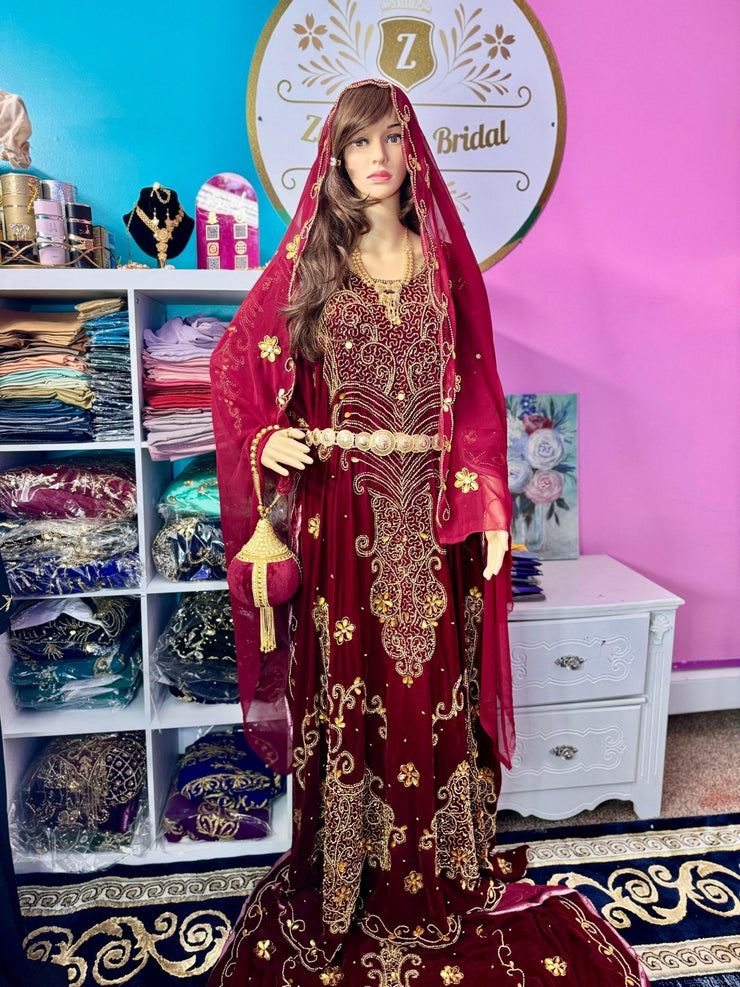 Asra Somali Bridal Dirac Set Velvet - Maroon - Zulaikha’s Bridal