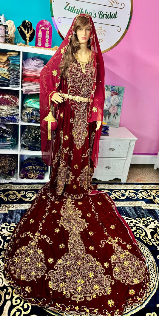 Asra Somali Bridal Dirac Set Velvet - Maroon - Zulaikha’s Bridal